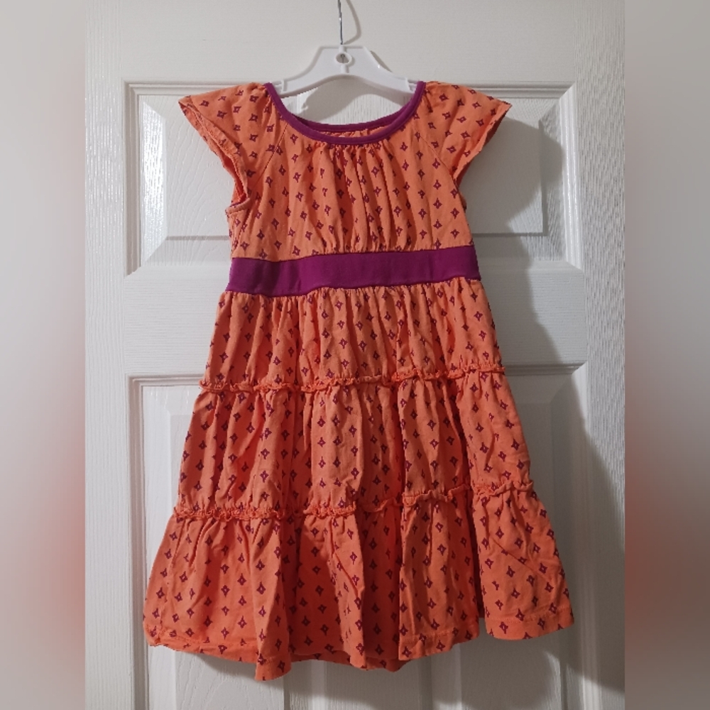 Tea Collection Girls 4 Printed Tiered Orange Pink Twirl Dress EUC
